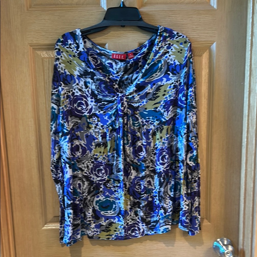 Elle Blue and Black Ruched Blouse